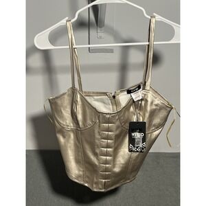 VIVID Women's Gold Metallic Faux Leather Corset Bustier Top Size L Strappy